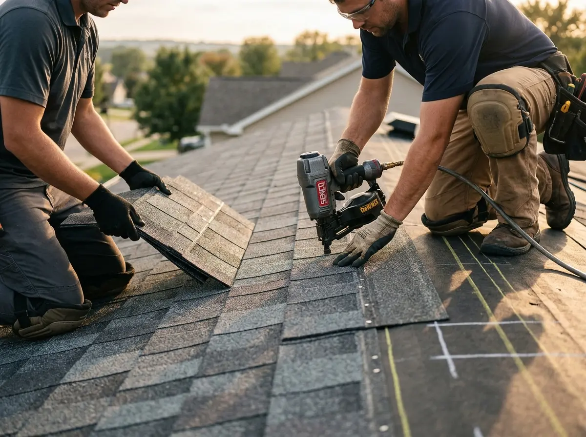 Professional roofer working on a residential roof in Jennings
